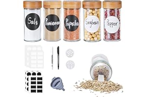 ELAGEL Botes Especias Cristal 6 x 120 ml, Forma Redondo Spice Jars con Tapa de Bambú, con Agitador de Especias, Embudo, Etiqueta y Tiza