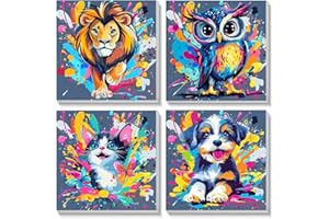 SUNXBUK Pintar por Numeros Animales,4 Pcs Pintura por Numeros con Marco Adultos Niños Kit,Cuadros para Pintar por Numeros,DIY Cuadro Artesanías de Arte con Pinceles(20 * 20cm)