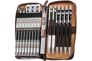 Nicpro 33PCS Black Metal Mechanical Pencil Set in Leather Case, Art Drafting Pencil 0.3, 0.5, 0.7, 0.9 mm, 2mm Lead Holders for Sketching Drawing With 18 Tube (6B 4B 2B HB 2H 4H Colors) Lead Refills