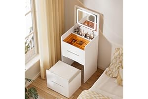 MSFE Toaletka 3 w 1 z taboretem, toaletka z rozkładanym lustrem, widocznym szklanym blatem, 3 szuflady, komoda fryzjerska z oświetleniem LED, mały zestaw toaletki do sypialni