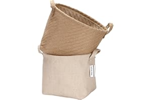 Sea Team Storage Baskets Organizer Box Bins in Jute and Cotton Linen Foldable with Handle Decorative for Home Toiletry Stationery Sundries Toys Jewerly Color Beige 26 * 26 * 26CM 2PCS