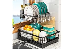 StowBin Abtropfgestell Geschirr mit 2 Ebenen - Geschirrständer mit Utensilienhalter für Küchentheke, große Kapazität, platzsparendes Abtropfgestell mit Abtropffläche, Schwarz