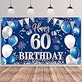 60th Birthday Backdrop Banner,BTZO Happy 60th Birthday Decorations,Blue Silver Fabric Photo Backdrop Background for Men and Women 60th Birthday Party,180×110cm