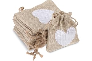 Bewudy 10 piccoli sacchetti di iuta da riempire, 10 x 8 cm, con coulisse, sacchetti regalo con cuore, piccoli sacchetti di lino, per compleanno, matrimonio, festa dei bambini (colore lino)