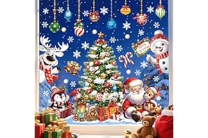wondever 3D Christmas Tree Santa Claus Window Clings Reindeer Snowman Penguin Glass Sticker Decal Anti Collision Double-Side Static Window Decals for Christmas Party