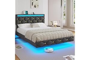 DICTAC Lit 140 x 190 LED Réglable, Lits 2 Places avec Rembourré Tête de lit, Cadre de lit 140 x 190 cm avec Lattes en Bois et Multiprise, Flottant Bed avec Strass Capitonné en Lin Gris