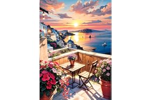 QINRUBB 5D Santorin Peinture Diamant Painting Kit, DIY Coucher de Soleil Art du Diamant Complet Kits, Fleurs Diamond Art Strass Point de Croix Painting pour Adultes Débutants Maison Décor 30X40cm