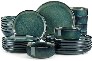 vancasso Série STARRY Service de Table 24 Pièces en Grès, Service Vaisselle 6 Personnes, avec 6 Assiettes Plates, 6 Assiettes à Dessert, 6 Bols à pâtes, 6 Bols à Céréales, Vert à Émail Réactif