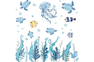 HPNIUB 37 Pezzi Adesivi da Parete Colorato per Bagno,Mare Adesivi Muro per Camera Bambin,Cartoon Pesce Sticker,Medusa Blu Decalcomanie per Stanza del Bambino Asilo Nido Soggiorno Decorazioni