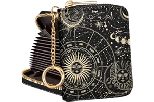 Hautebella Credit Card Holder for Women Cute Small for Ladies Teen Girls Female RFID Leather Cardholder Wallets with Keychain Accordion Organizer Purse Stars Girly Aesthetic Print Unique Zipper
