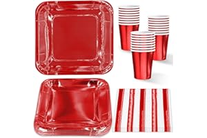 ZVK Vaisselle de fête jetables, Lot de 72 Assiettes, Serviettes en papier de fête, Gobelets en Carton Feuille d’or Rouge Vaisselle en papier