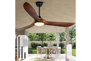 OUENGK Ventilatore da soffitto da 132 cm per esterni con luce a pale di legno, ventilatore da soffitto rustico a tre pale con motore a corrente continua con telecomando per il soggiorno del gazebo