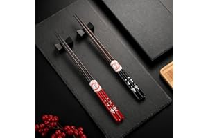HOPEWEY 2 pares de palillos naturales + 2 blocs de palillos japoneses, color negro, rojo, chino, palillos de madera, para vajilla asiática, en elegante caja de regalo
