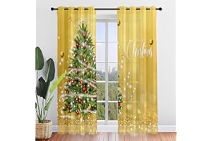 Hiseng Voile Vorhänge mit Ösen Durchsichtig Halbtransparent Ösenvorhang für Fenster Wohnzimmer Schlafzimmer Elegant Weihnachten Bunt Transparent Gardine 2er Set (80x115cm,Goldglänzend)