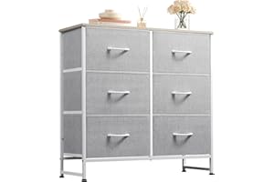 WLIVE Chest of Drawers, 6 Fabric Drawers Cabinet with Easy Pull Handle, Wood Top and Sturdy Steel Frame for Bedroom, Living Room, Light Grey