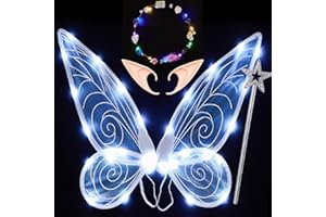 AUNAEYW Fairy Wings Light up Butterfly Wings for Girls Women, LED Fairy Wing Sparkle Angel Wings for Kids Adults Halloween Cosplay Costumes Dress-Up Accessories (White Fairy Wings)