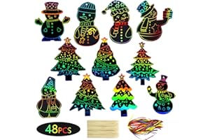 SIENON 48Pcs Rainbow Scratch Colorful Christmas Ornaments, Magic Scratch Off Cards with 48Pcs Ribbons & 24Pcs Wooden Styluses Christmas Hanging Art Crafts Party Supplies for Xmas Tree Classroom Decorations