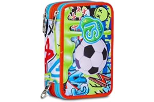 SJ GANG STYLE JAM GANG Astuccio Scuola 3 Zip, Blu, Portapenne Triplo Scomparto Completo Di Penne, Matite, Colori, Accessori Zaino, Scuole Elementari, Bambino