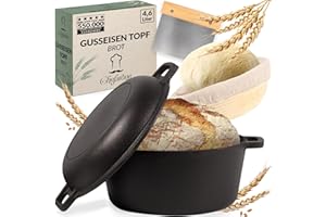 ‎CHEFARONE Chefarone Gusseisen, Inkl Gärkorb und Teigschaber, 26 Cm Topf Backen Brot, Brotbackform mit Deckel, 21 Brottopf Zum Backen, 4.6l Robuster Brotbacktopf