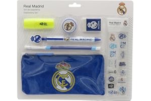 CYPBRANDS Real Madrid, Set de Papelería, Portatodo, Lápiz, Goma, Sacapuntas, Bolígrafo, Subrayador, Pegatinas, Color Azul, Producto Oficial