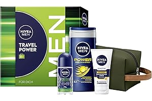 ‎NIVEA MEN NIVEA MEN Travel Power Geschenkset, Pflegeset mit Pflegeprodukten für unterwegs, Set mit NIVEA MEN Duschgel, Deo Roll-on, Gesichtspflege Creme und Kulturtasche