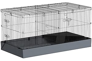 PawHut Cage pour Petits Animaux 2 en 1 avec Dessus Amovible, enclos Lapin intérieur, 2 Zones séparées, perchoir, Rampe, Cage pour Cochon d'Inde, Lapins, hérissons, en Acier Noir
