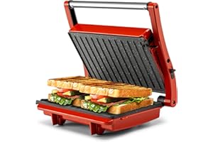 Pukomc Sandwichmaker, Elektrischer Kontaktgrill mit verschließbarem Deckel und Kontrollleuchten, Mini 2-Scheiben panini maker, öffnet sich um 180 Grad für jede Größe, Cool Touch Griff, Rot