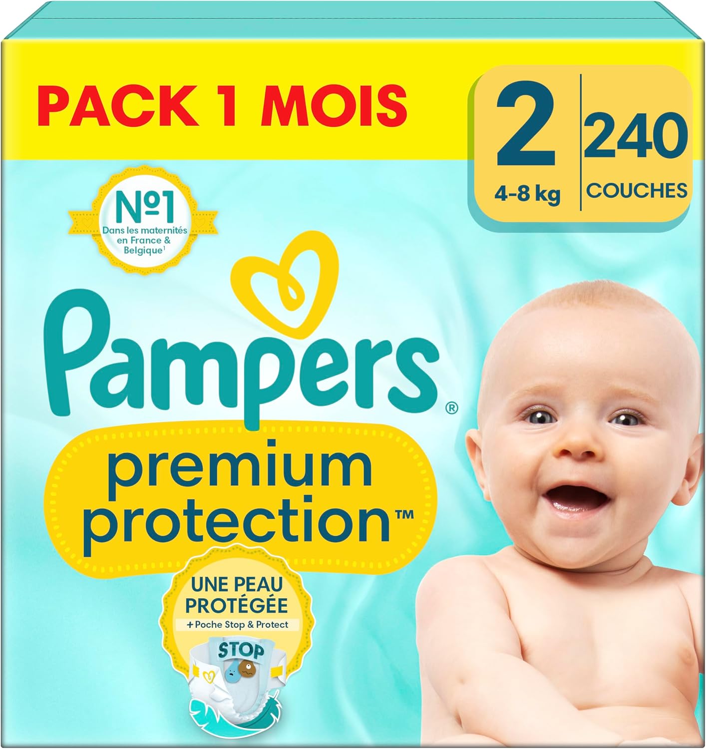 Pampers Premium Protection Taille 2, 240 Couches, 4kg - 8kg, Notre N°1 Pour Le Confort & La Protection Des Peaux Sensibles