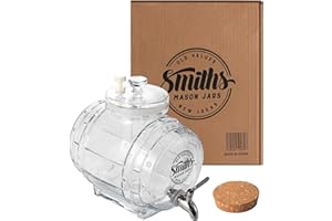 Smiths Mason Jars 5L Fridge Water Dispenser with Steel Tap & Glass lid - Ideal Water Dispenser for Fridge, Easy-Pour Metal Tap & Space-Saving Design - Ideal for Infused Waters & Juices