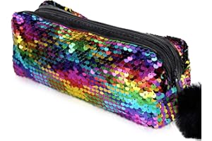 PHOGARY Mermaid Sequins Pencil Case for Girls, Secondary School Pencil Bags with Fluffy Zipper, Pencil Pouch Holographic Pen Case Organizer for Students, Women Glitter Makeup Pouch (Rainbow)