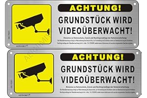 AERHIMIY Videoüberwachung Schild Aluminium Gebürstet 25×9 cm, Schild Videoüberwachung Privatgrundstück Selbstklebend Grundstück wird Videoüberwacht Schild Metall 2 Stück