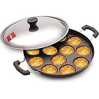 Tosaa 12 Cavity Appam Patra Side Handle with Lid, 23 cm, Black