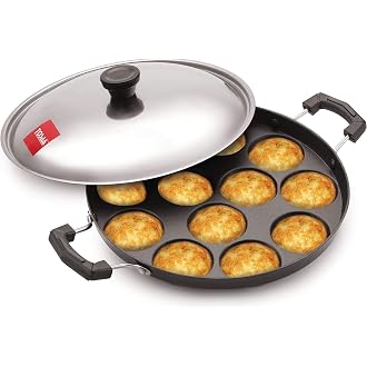 Tosaa Aluminium 12 Cavity Appam Patra Paniyarakkal Two Side Handle with Steel lid & Wooden Picker, ( 23 cm, Black