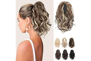 REECHO Ponytail Extension, Claw Clip in Ponytail Hair Extensions 10 Inch Short Curly Ponytail Natural Wavy Synthetic Hairpiece for Women – Light Brown with Golden Highlights