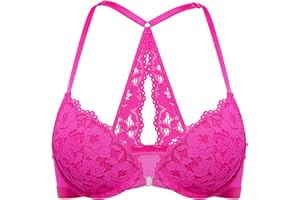 DOBREVA Biustonosz Damski Push Up Racerback Z Zapięciem Z Przodu Koronkowe Wyściełane Fiszbiny Z Głębokim Kwiatowym Wzorem