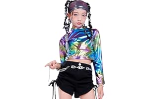 LOLANTA Girls Metallic Cropped Top Half Turtleneck, Sparkly Shiny Dance Shirt for Hip Hop, Disco, Stage & Party Wear