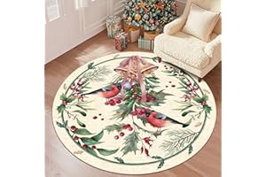 TUKDAK Christmas Round Rug 150cm Washable, Beige Bird Non-Slip Christmas Circle Rug, Christmas Decorative Carpet, Soft Low Pile Xmas Bedside Carpet Decor, Living Room Bedroom Kitchen Nursery