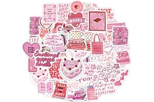 REEKNOKOL 60 Pcs Pink Aesthetic Stickers, Waterproof Self-Adhesive Cute Vinyl Reading Stickers for Water Bottle, Scrapbook, Notebook, Laptop, Computer, Book (Style 1)