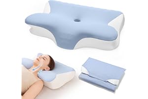 Restnature Orthopaedic Neck Support Pillow, Height-Adjustable Memory Foam Pillow for Side, Back & Stomach Sleepers, Certified Ergonomic Anti-Snoring Pillow, 2 Covers, White & Blue