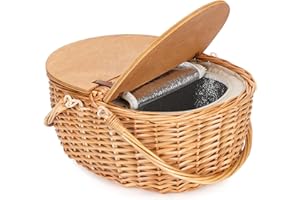 ZORMY Picknickkorb aus Weidengeflecht mit Kühler, Holz geteilter Deckel Picknickkorb, Vintage-Stil Weidenkorb Picknickkorb mit faltbarem gewebtem Griff für Picknick, Camping, Dankeschön, Geburtstag