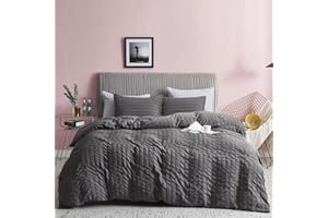 ‎FREYAMY Freyamy Seersucker Bettwäsche 220x240cm 3teilig Grau Geprägt Streifen Strukturiert Bettwaren-Sets Uni Gebürstet Microfaser Weiche Bettbezug mit Reißverschluss und 2 Kissenbezug 80x80cm