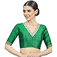 Studio Shringaar Women's Readymade Silky Saree Blouse Elbow Length Sleeves With Embroidered Neckline Choli