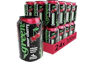 GREEN COLA Green Sour Cherry Soft Drink - Low Calorie Fizzy Drink with 10% Natural Juice - No Added Sugar, Sweetened with Stevia - No Aspartame - Cherry Soda Cans of Pop 24 Pack (330ml x 24)