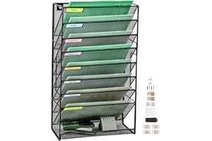 IOUGDSEC 9-poziomowy ulepszony siatkowy organizer na dokumenty z dolną płaską tacą, średniej siatki, pionowy wiszący organizer na dokumenty, regał na czasopisma, zestaw haczyków z etykietami z imieniem w