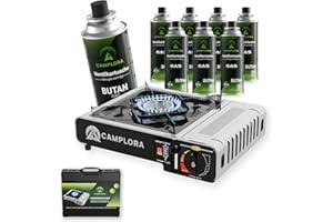 CAMPLORA Hornillo de gas + 8 cartuchos de gas + maletín de transporte con encendido piezoeléctrico – Hornillo de camping 2,2 kW – Incluye apagado de seguridad – Hornillo de gas Camping Camping Cocina