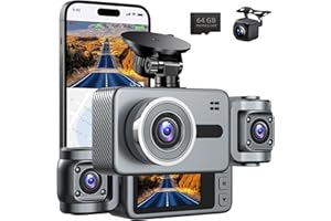BEMKIA Dash Cam Front and Rear, 3 Channel Dashcam Car Camera with 64GB SD Card, Wi-Fi, Night Vision, 3" IPS Display, G-Sensor, APP Control, Loop Recording for Cars, Vans, Trucks (Gray)