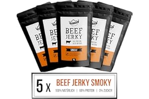 ‎CRAFTSMAN FINEST FOODS Craftsman Beef Jerky Smoky 100% natürlich | Trockenfleisch ohne Zucker aus Deutschland - Bayern | Set 5 x 50g = 250g | 100 % Rindfleisch | High Protein 68 % | Dörrfleisch