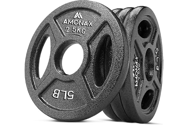 Amonax disque de musculation, plaques de poids de 2,5kg, 5kg, 10kg poids musculation pour barres olympiques 50mm, fonte disques d'haltère pour haltérophilie et hip thrust chez vous