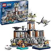 LEGO City Polizeistation auf der Gefängnisinsel, Polizei-Spielzeug mit Hubschrauber, Boot und Hai, Set mit 7 Minifiguren und 