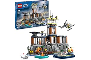 LEGO City Polizeistation auf der Gefängnisinsel, Polizei-Spielzeug mit Hubschrauber, Boot und Hai, Set mit 7 Minifiguren und Hund, Geschenk zum Geburtstag für Jungen und Mädchen ab 7 Jahren 60419